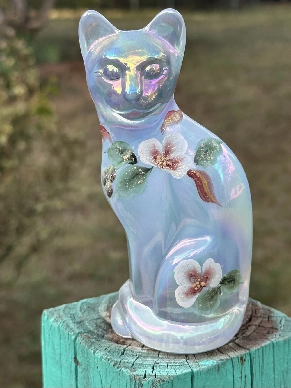 Fenton Iridescent opalescent Cat Figurine with Floral Accents
